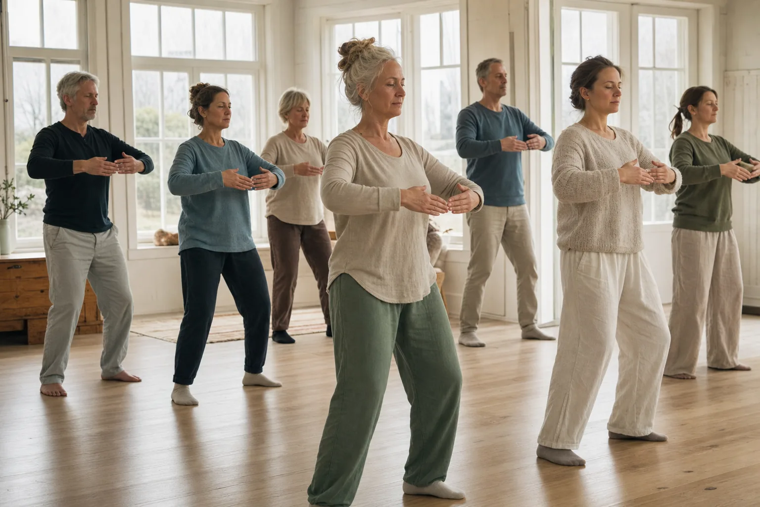En liten grupp tränar qigong tillsammans i ett ljust rum